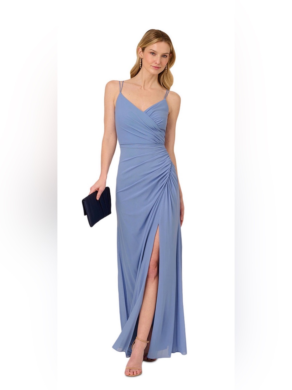 Adrianna Papell Steel Blue Ruched Strappy Maxi Dress